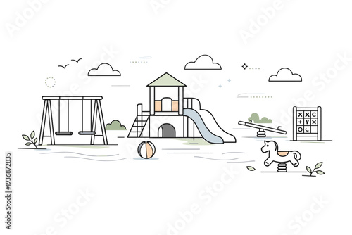 Playgrounds off-hours. A wide view of a playground with no children, surrounded by subtle natural elements like leaves or long shadows, emphasizing calm and