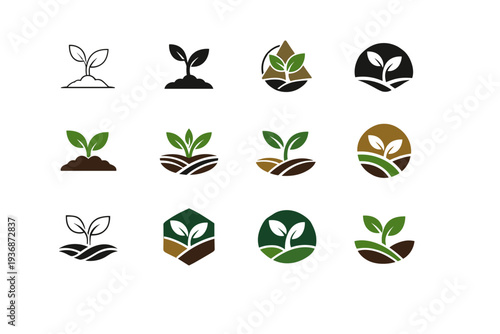 Sustainable agriculture. Icon set. Set Logo of Sustainable agriculture: sprouting plant. harmonious logo variations of the same emblematic concept, each with