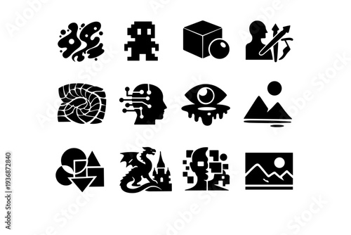 Digital Art Styles. Solid icon set of Digital Art Styles: abstract digital art, pixel art, 3D digital render, vector illustration, generative art, AI art