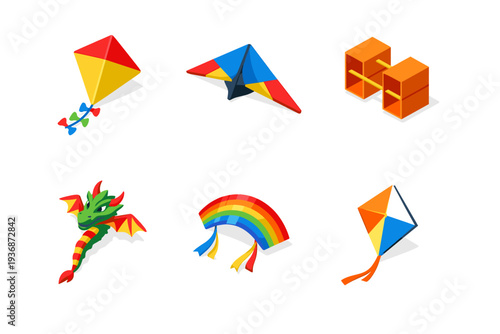 Kite types. Isometric flat vector icons set of kite types: diamond kite, delta kite, box kite, dragon kite, rainbow kite, minimalist geometric kite. Arrange