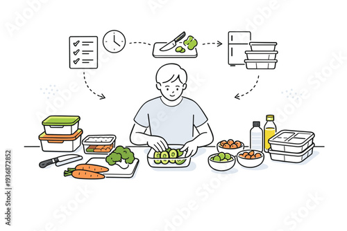 Minimalist meal prep workflow illustration. Person arranging fresh vegetables and containers on a clean countertop, calm and organized mood. Friendly