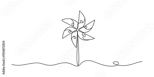 Minimalist single line drawing of a pinwheel on a white background, childhood toy