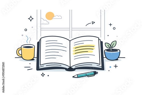 Open books mid-read. Open book by a window with soft light illuminating selected lines on the page. Quiet atmosphere and timeless reading moment. Minimalist