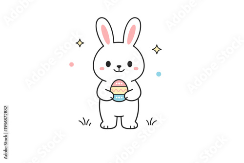 Easter bunny simple illustration. A cute minimal bunny holding a small decorated egg, standing calmly with a friendly smile. Soft, joyful spring mood with lots