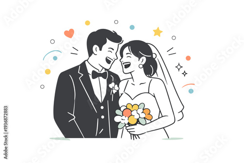 Wedding day fun. A couple standing close, laughing openly during a quiet moment of the ceremony or reception. Soft confetti dots and abstract shapes emphasize