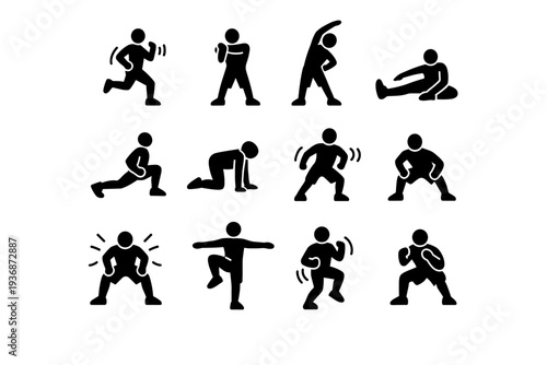 Workout Preparation. Solid icon set of Workout Preparation: athlete warming up, stretching arms, stretching legs, dynamic lunge, mobility exercise, pre workout