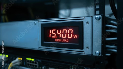 Data center energy consumption high voltage power cost warning display red watt meter screen monitoring high load server rack equipment panel tracking demand for electricity and expensive power usage