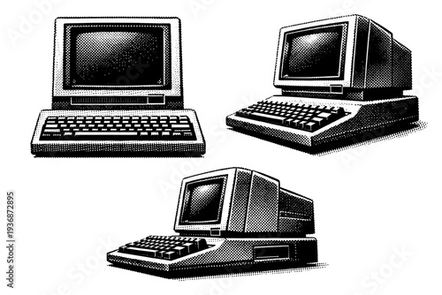 Vintage computer ? mechanical keyboard with tall keycaps and retro layout. Black and white dot style with halftone texture and high contrast. Halftone texture