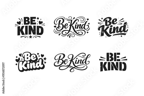 Be Kind. Set lettering. harmonious lettering variations of the same emblematic concept, each with different artistic interpretation (Blocky sans-serif with