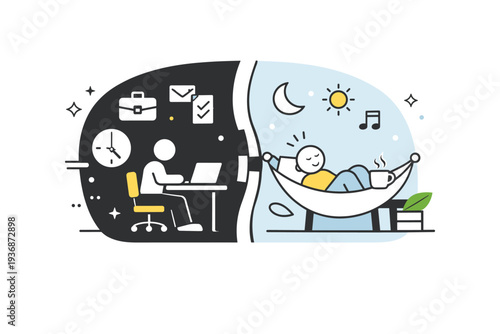Healthy digital boundaries. Abstract scene of separating work and rest time using clear visual zones and simple icons. Editorial illustration about structure,