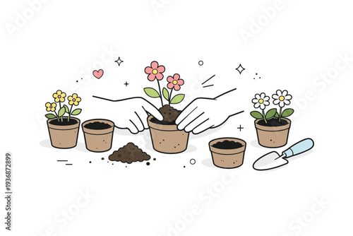 Flower planting. A focused scene showing hands placing small flowering plants into soil pots. Gentle action, patience and creativity, with minimal tools and