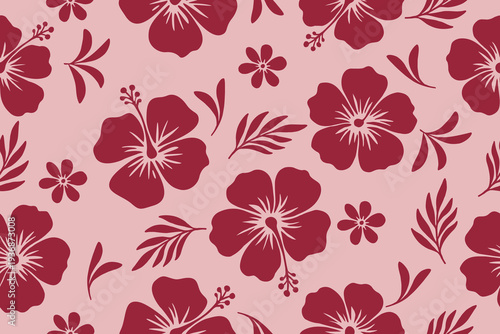 Charming seamless hibiscus floral pattern with bold red flowers and tropical leaves on a soft pink background, perfect for vibrant textiles and summer designs.