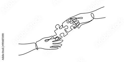 Two Hands Connecting Puzzle Pieces in Continuous Line Art Style