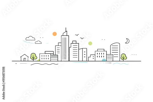 Minimal building silhouettes. Abstract high-rise and low-rise forms arranged in a calm horizontal composition. Quiet city presence with lots of breathing