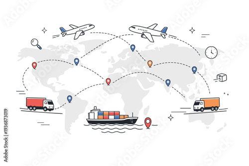Global logistics and shipping. A world map with cargo ships, airplanes, and trucks connected by clean route lines. The scene shows smooth coordination and