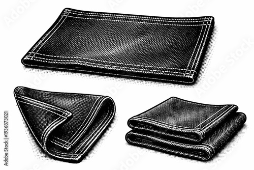 Fabric pattern ? halftone dotted denim textile. A realistic denim fabric piece depicted as one object in three views showing flat surface, edge fold, and