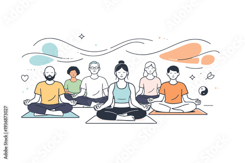 Group meditation class. Several people sitting on mats in a spacious room, soft abstract shapes and motion lines floating to show collective calm and harmony.