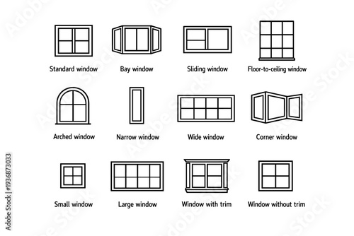 Window Types for Curtains. Line icon set of Window Types for Curtains: standard window, bay window, sliding window, floor to ceiling window, arched window,