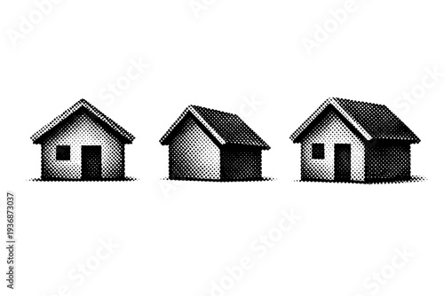 Black and white halftone icon set home symbol A home icon symbol is presented as one object shown from three different views: front view, side view, and