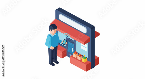 Isometric illustration of a man paying with a smartphone at a small grocery store, representing modern retail and contactless payment.