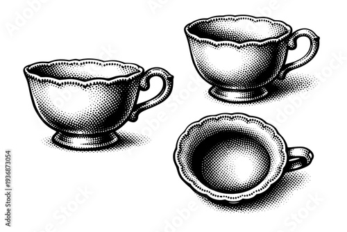 Tea cup vintage teacup shown from frontal view with handle visible, angled three-quarter perspective, and overhead view as the same classic cup with delicate