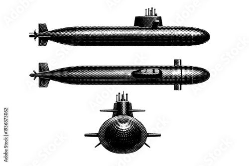 Submarine full hull A realistic submarine shown as a single object in three views: side profile view, top-down view, and front bow view, focusing on pressure