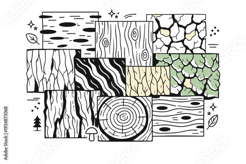 Tree bark macro details. Overlapping bark samples arranged as a texture board, varied patterns creating a calm exploration of forest materials. Minimalist flat