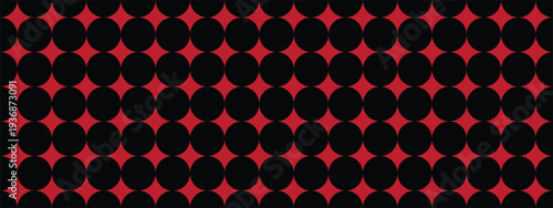 Red and black geometric circle pattern for bold abstract background design. Seamless polka dot grid creating retro optical texture and visual rhythm. Modern repeating wallpaper  poster, textile, 