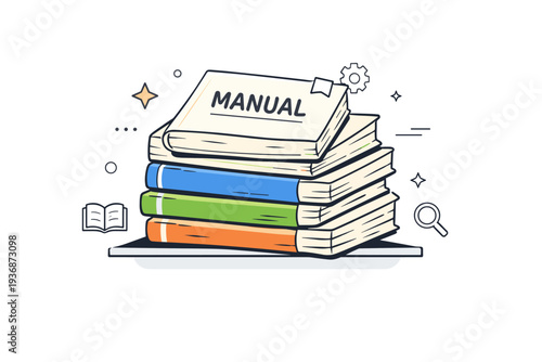 Paper manuals aging. Stack of slightly worn manuals on a shelf, soft edges and yellowing pages visible. Quiet passage of time through printed knowledge.