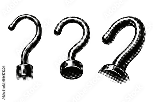 Clothes hanger hook detail, a realistic hanger hook shown from side view, top-down view, and angled close-up as three object representations emphasizing