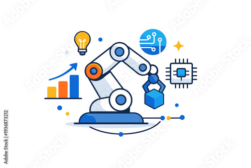 Future technology development expressed through robotics and innovation. A clean visual metaphor combining a robot arm with abstract digital elements to