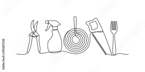 Gardening Tools Line Art: Pruners, Sprayer, Hose, Saw, Fork - Minimalist Design