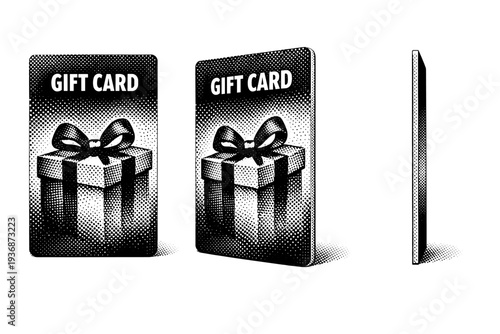 Halftone dotted gift card template ? vertical orientation. A vertically oriented gift card template with realistic card thickness and proportions, represented