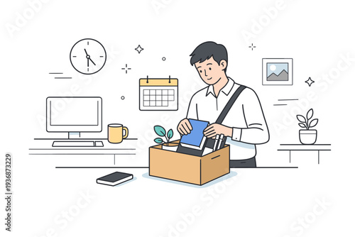 Silent disengagement. A worker calmly packs up at the end of the day while background elements remain static and muted. The mood communicates withdrawal,