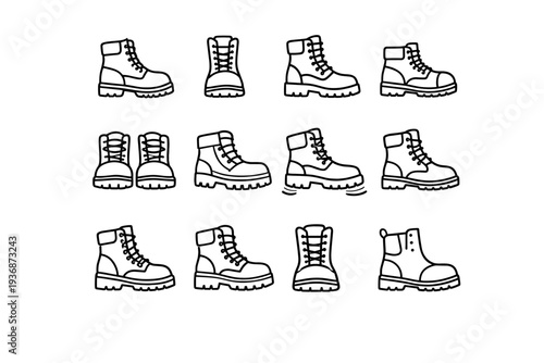 Work Combat Boots. Line icon set of Work Combat Boots: work boots, protective boots, heavy-duty boots, safety toe boots, industrial boots, reinforced sole,