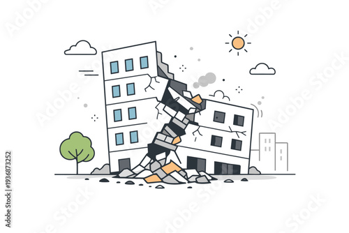 Urban disaster concept. An abstract city building with a section collapsed, simplified shapes showing instability and damage. Calm, informational tone suitable