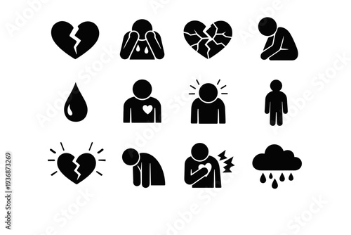 Heartbroken Figure. Solid icon set of Heartbroken Figure: broken heart, crying person, cracked heart symbol, head down posture, tear drop, shattered love icon,