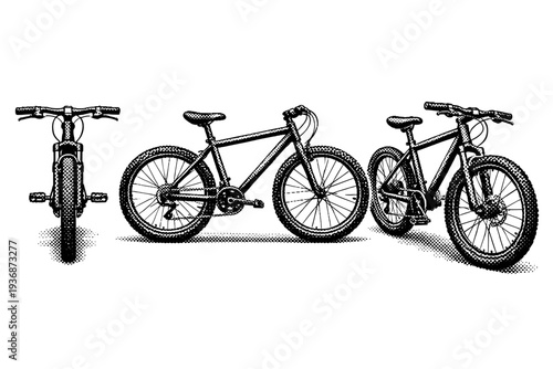 Comic style halftone bicycle depicted as a single bicycle object shown in three views: front view, side view, and three-quarter view with accurate frame