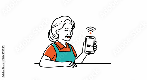 Elderly woman using a smartphone with NFC technology for contactless payment or communication, smiling happily