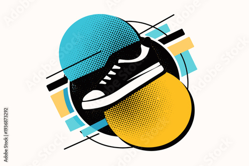 Black and white minimalist object silhouette in center partially hidden by large overlapping pop-art dots in neon blue and muted yellow, geometric circular