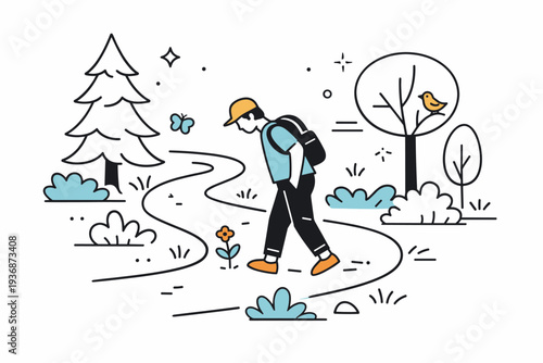 Exploring forest trail. A winding path through simple trees and plants, with a person walking slowly and observing details. The scene highlights calm movement