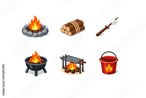 Campfire setup. Isometric flat vector icons set of campfire setup: campfire ring with flames, firewood bundle, marshmallow roasting stick, portable fire pit,