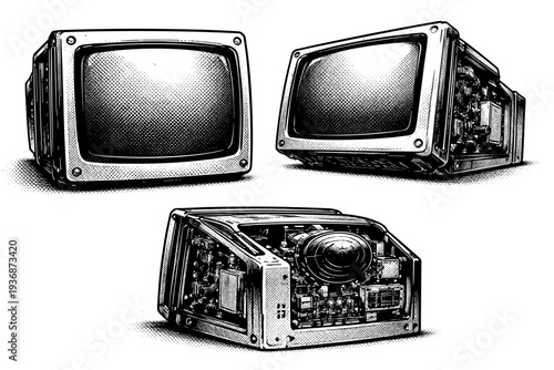 CRT monitor ? arcade cabinet screen. A realistic CRT arcade monitor shown as one object in three views focusing on rounded corners, recessed screen, and heavy