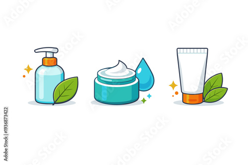 Skincare minimal set highlighting natural ingredients represented by simple cosmetic containers paired with a leaf or droplet symbol, conveying purity and