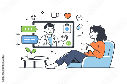 Online doctor consultation. A patient sitting comfortably at home while a doctor appears on a tablet screen with chat bubbles and icons. A friendly scene
