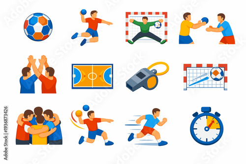 Handball. Colorful flat vector icons set of Handball: handball ball, jump shot, goalkeeper save, passing throw, defensive block, court lines, referee whistle,