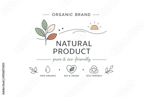 Organic brand label. Minimal label design with abstract plant symbols and calm typography areas. Natural and contemporary editorial feel for eco-friendly