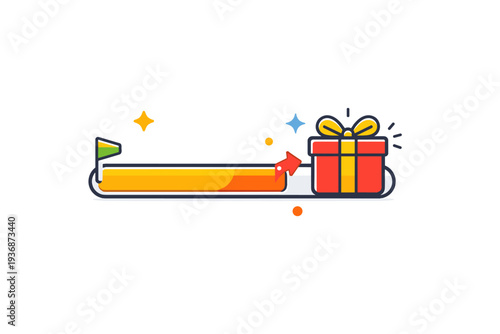 Gamification progress bar with reward anticipation shown through a filling bar connected to a gift icon, expressing excitement, incentive, and goal oriented