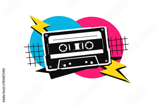 Abstract black-and-white cassette tape as the central retro object, oversized bright cyan circle and hot pink semicircle intersecting behind it, jagged yellow