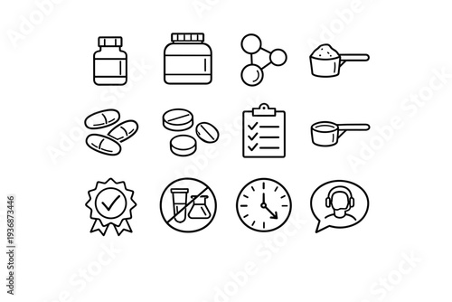Sports Supplements. Line icon set of Sports Supplements: supplement bottle, protein tub, amino acids icon, creatine scoop, omega capsules, vitamin tablets,